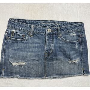 Vtg Y2k American Eagle Micro Mini Jean Denim Skirt XS 00 Raw Hem Distressed